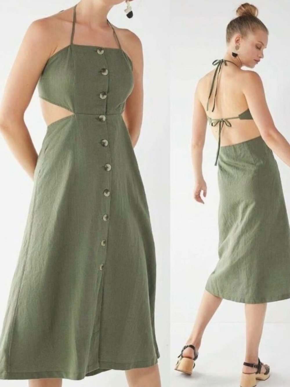Urban Outfitters Olive Green Halter Button-Front Midi Dress